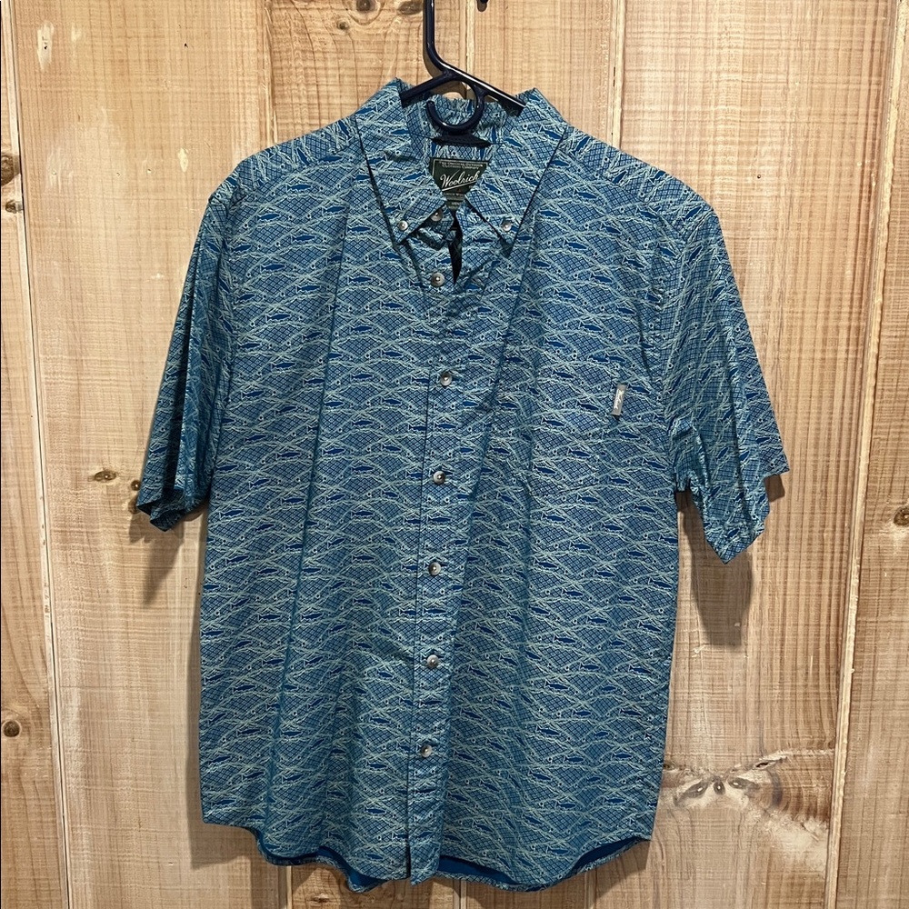 Woolrich Blue and White Flyfishing Patterned Shirt size Large
